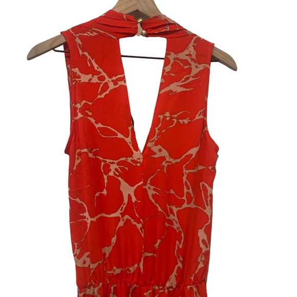 Revolve Karina Grimaldi Red Orange Jumpsuit V neck Patterned Pantsuit Style - Picture 5 of 11